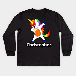 Christopher First Name Personalized Dabbing Unicorn Kids Long Sleeve T-Shirt